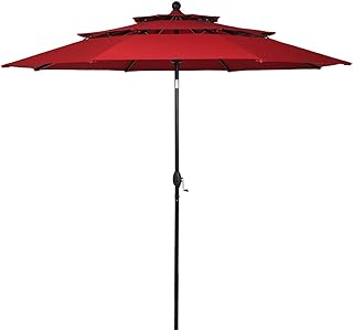 Tangkula 10 Ft Patio Umbrella, Outdoor 3 Tier Auto-tilt Umbrella W/Double Vented, Market Table Tilt Umbrella with Crank, Outdoor Aluminum Umbrella for Market, Backyard, Pool, Garden (Burgundy)
