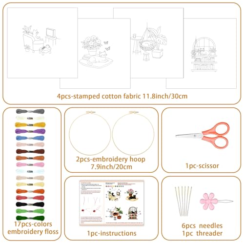 Image of BEUNITONE 4 Set Embroidery Kit for Beginners, Daily Life of Cats Patterns Cross Stitch Kits, Needlepoint Kits for Adults with Hoop, Cute Hand Embroidery Patterns for Cloth and Home Decor