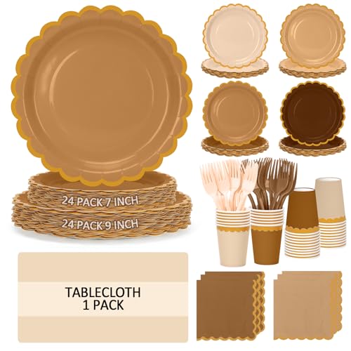 Brown Plates and Napkins Party Supplies for 24 Guests Disposable 7&9 Gradient Brown Scalloped Paper Plates Tableware Set for Birthday PartyBoho Baby Shower Autumn Thanksgiving Decorations