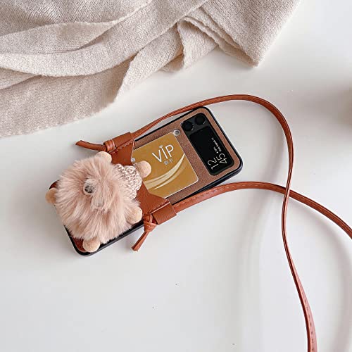 Yatchen For Samsung Galaxy Z Flip 4 Wallet Case,Cute Furry Toy Luxury Brown Card Package Phone Cases With Leather Lanyard Flip Shockproof Protector For Galaxy Z Flip 4 5G 2021 Women Girls #TOP2