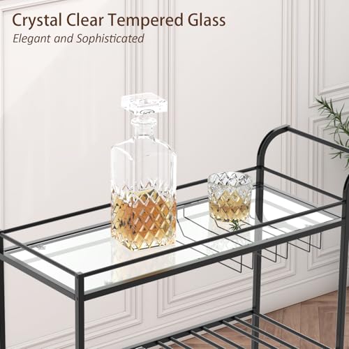 Image of Black Bar Cart, Home Bar Serving Cart with Handle, Wine Cart with 3-Tier Glass Shelves, Beverage Cart with Wine Rack and Glass Holder, Bar Carts for The Home, Dining Room, Living Room