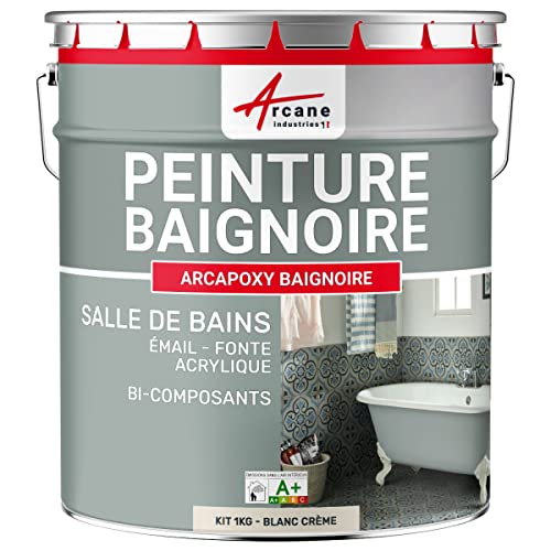 Peinture Baignoire Lavabo Bac à douche : Résine Salle de Bain pour Baignoire émail, acrylique et fonte - 1 kg (jusqu'à 3 m² en 2 couches) Blanc Crème - RAL 9001 - ARCANE INDUSTRIES