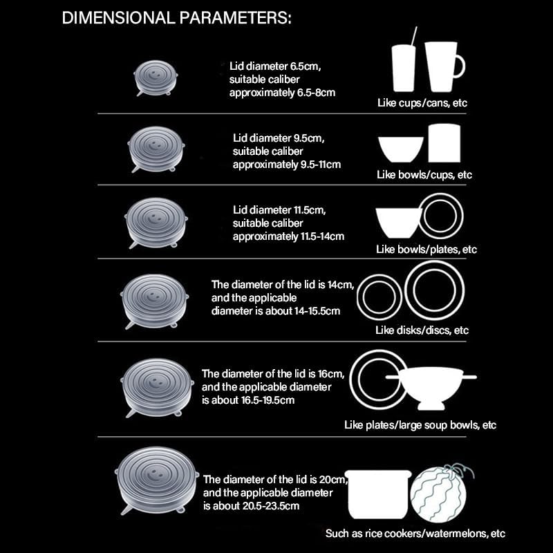 Miniatura 7 de Juego de tapas elásticas de silicona reutilizable, 6 tamaños (2.4 a 7.1 pulgadas), transparente, sin BPA, herméticas para salvar alimentos, cuencos,