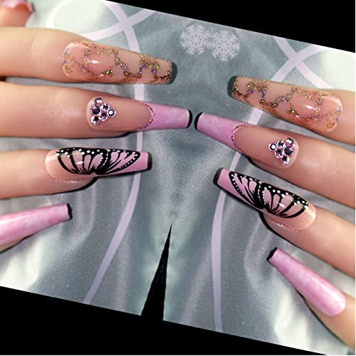 Uñas Postizas Largas Francesa Press on Nails,24 Piezas Uñas Postizas para Niñas y Mujeres,Bailarina Acrílicas Uñas Falsas Cubierta Completa Ataúd Rosa Artificiales Uñas con Pegamento Adhesivo Uñas Cover