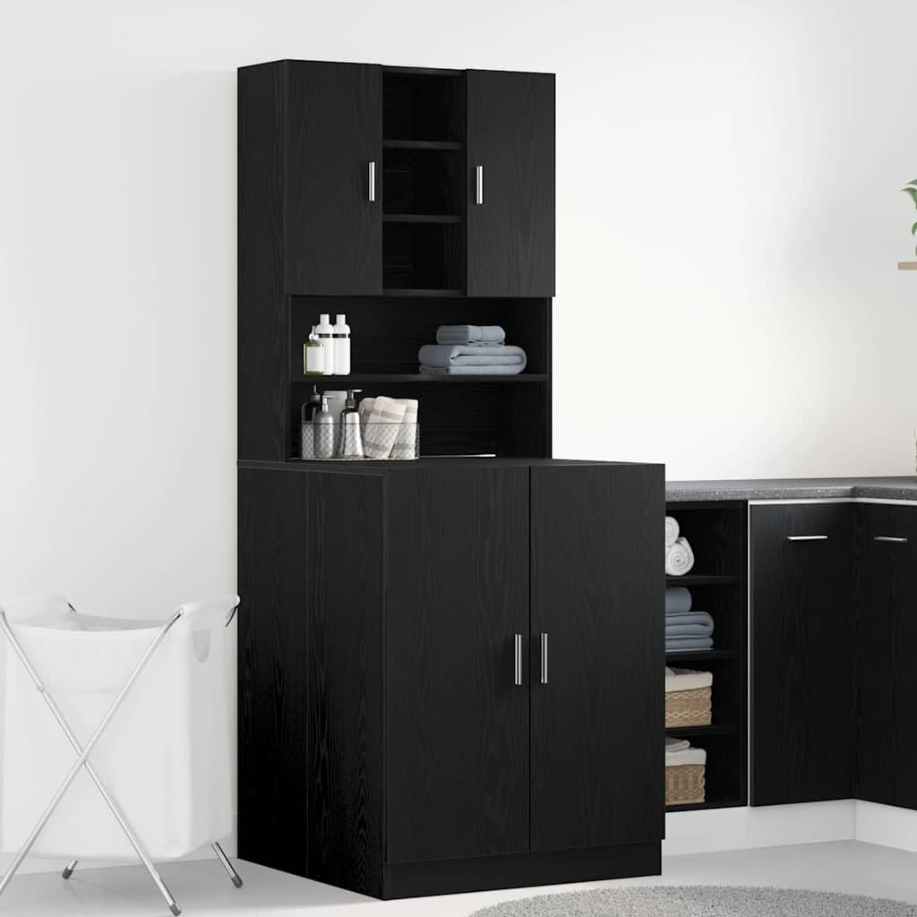 Waschmaschinen-Schrank 2er Set Schwarz Eichen-Optik, Holzwerkstoff 70,5x71,5x181,5 cm, Stauraum für Waschmaschine und Trockner, praktisches Untergestell mit modernem minimalistischen Design