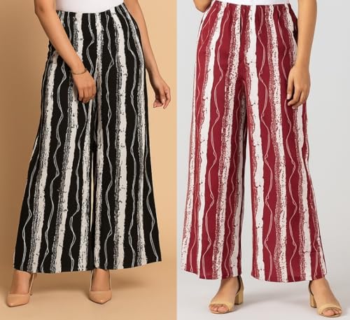 Image of PI World Printed Striped Western Mid Rise Palazzo /Trouser /Pant for Women /Girls Combo 2 (Waist 28 Inches to 36 Inches)