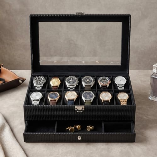 Image of Amazon Basics Sliding Drawer 12-Slot Watch and Jewelry Organizer - Faux Leather & MDF Storage Box for Men and Women, Black