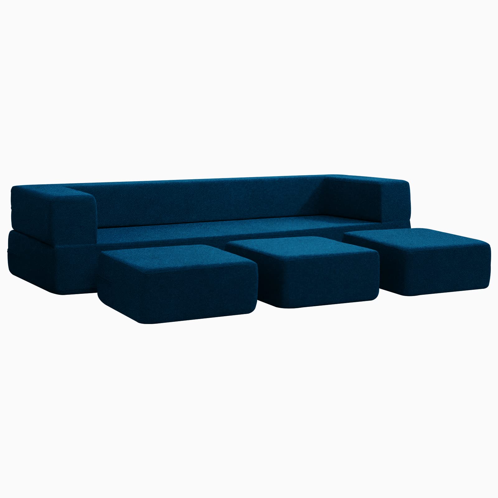 BALUS Folding Sofa Bed, Velvet Floor Sofa with 3 Ottomans, Modular Futon Sleeper Sofas with Memory Mattress and Washable Cover for Living Room/Bedroom/Guest Room/Home Office (Blue)