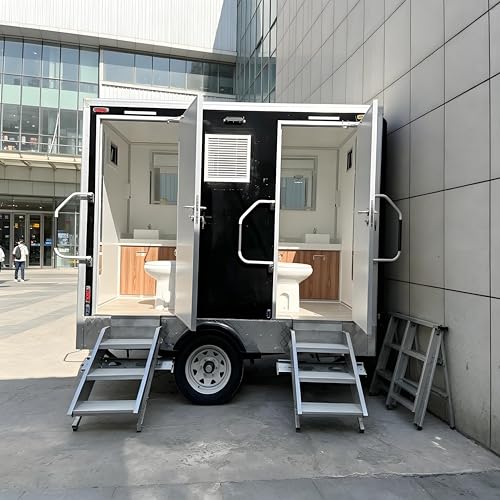 Rental-Ready Commercial Portable Restroom Trailer, Mobile Bathroom Trailer Luxury Toilet Unit with Flush Toilet Sink, Ventilation, AC & Heating for Construction Sites Weddings Festivals Outdoor Events