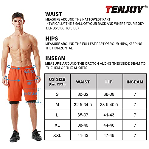 Tenjoy Men's 2 In 1 Running Shorts 7" Quick Dry Gym Athletic Workout Shorts For Men With Phone Pockets Orange #TOP5