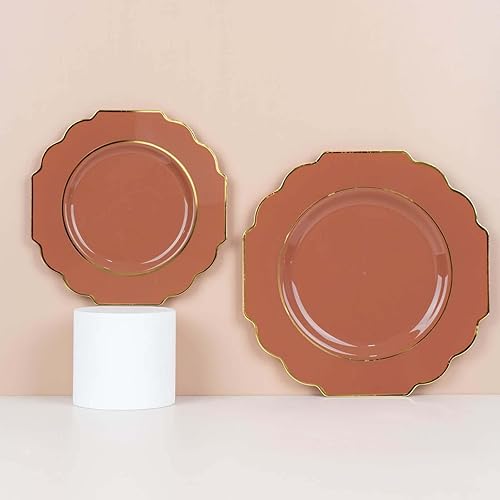 Miniatura 8 de Efavormart - Paquete de 10 platos de postre de plástico duro de terracota de 8 pulgadas, vajilla desechable, platos de ensalada barrocos resistentes