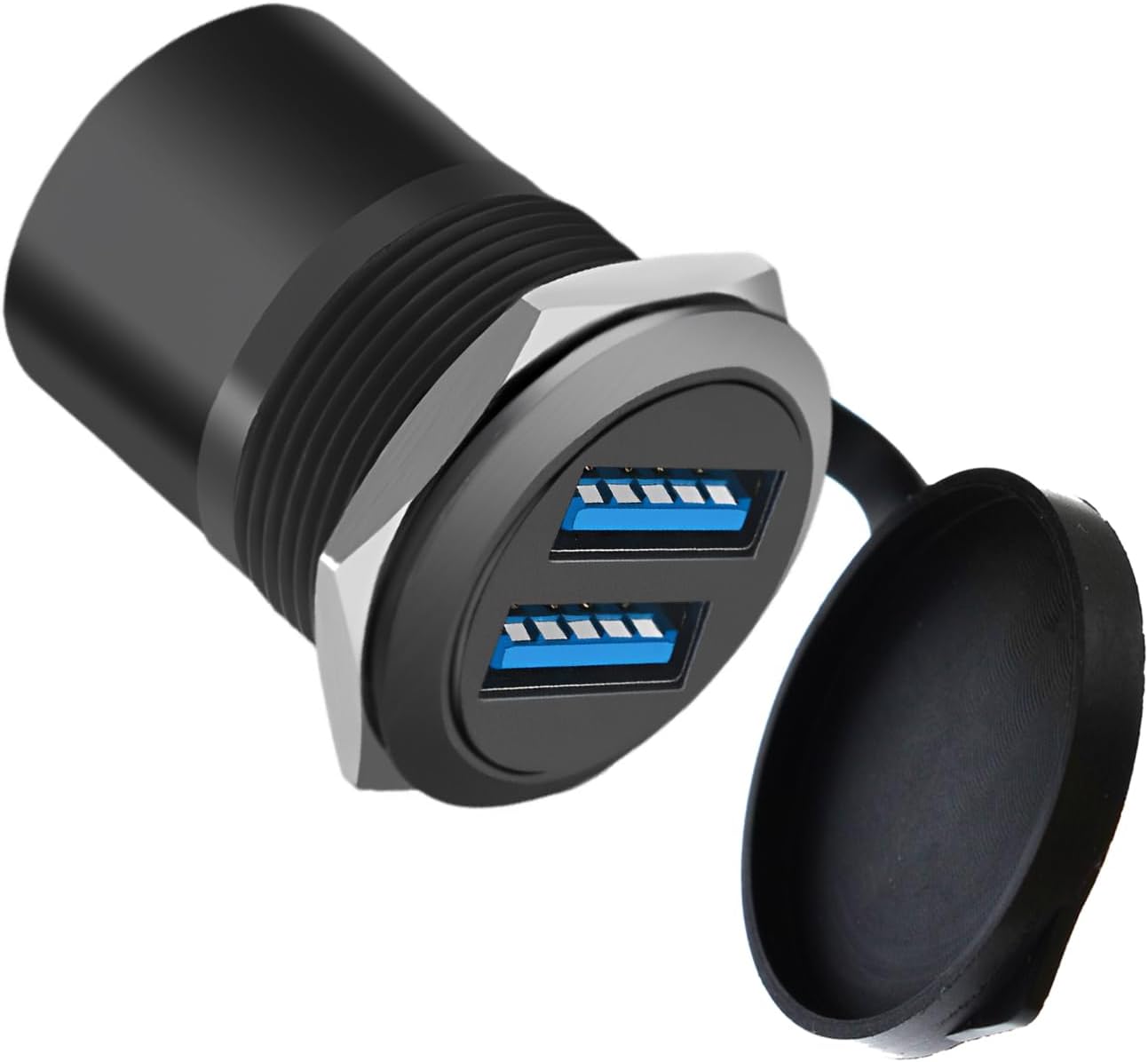 Dual USB 3.0 Panel Mount Adapter - Threaded Round Connector with Waterproof Dust Cover, 2 Female to 2 Female Ports, 5Gbps for High-Speed Data Transfer, 5V 2A for Charging (5-Pack Black)