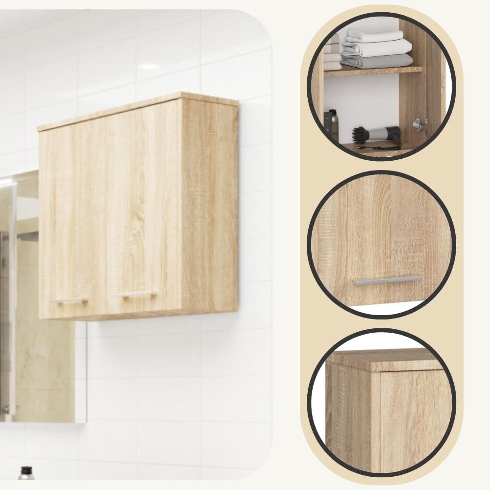 AKORD Meuble Haut WC Suspendu | Fin L60 | 2 Portes | Etagere Murale | Commode Salle de Bain | Armoire | Rangement | Toilette Mural | Placard Cuisine | L60 x H60 x P22,5 cm | 18 kg | Chêne de Sonoma