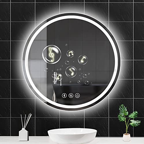 Habison Espejo de baño redondo LED de 70 x 70 cm, espejo Bluetooth, antivaho, interruptor táctil, regulable LED espejo de baño con luz blanca cálida/fría/luz neutra para baño