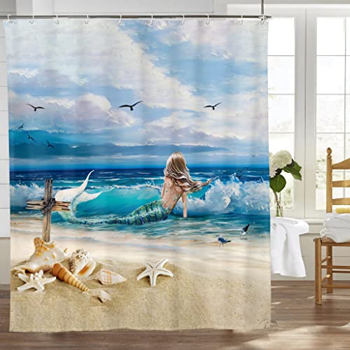 Mermaid Shower Curtain Sea Ocean Shower Curtain With 12 Hooks Fabric Waterproof Curtains Mermaid Girl On The Blue Beach Bathroom Curtain Decor 60''X72'' #TOP17