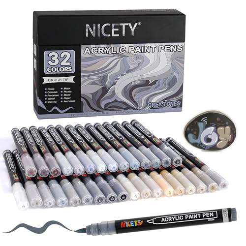 NICETY 32 Colores Rotuladores Acrílicos   Marcadores de Pincel para Pintura en Piedra, Madera, Vidrio, Cerámica   Punta de Pincel 1 6mm, Rotuladores Acrílicos a Base de Agua (Gris)