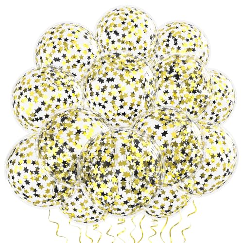 VHUWE 25 Pcs Black Gold Star Confetti Balloons, 12 Inch Clear Latex Balloon with Confetti Inside for Birthday Party Baby Shower Graduation Engagement Bridal Shower Decorations Supplies - Star Confetti