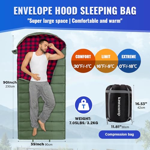 0 Degree Sleeping Bag Cotton Flannel Winter Cold Weather for Adults XXL Sleeping Bag 4 Season Big and Tall with Pillow Compression Sack - Image 3