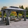 YITAHOME 10x13FT Gazebo Polycarbonate Hardtop Double Roof Canopy Outdoor with Netting and Shaded Curtains, Aluminum Frame Garden Tent for Patio, Backyard, Deck and Lawns, Grey