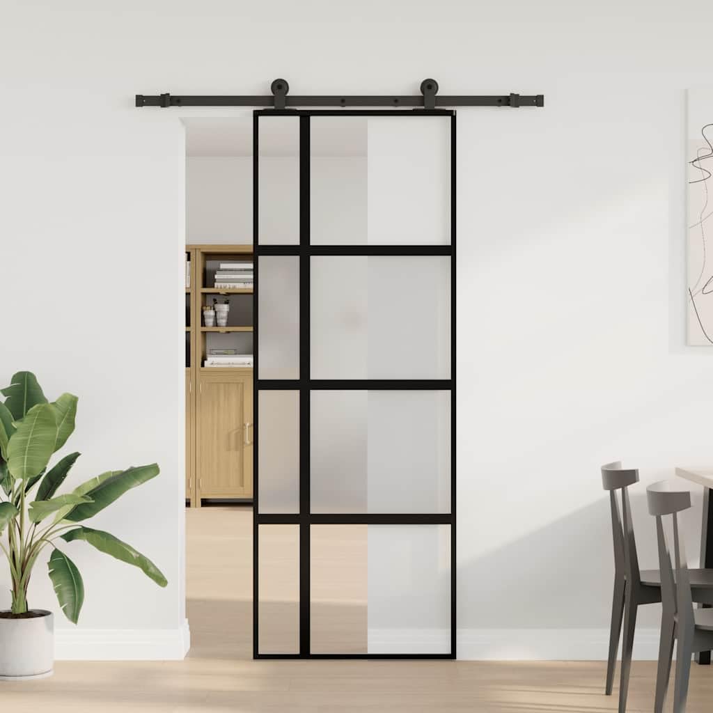 Puerta corredera Set herrajes Vidrio Templado Aluminio 76x205cm Puerta de Granero corredera Estilo rústico Puerta corredera Contiene Guía de Suelo Ajustable
