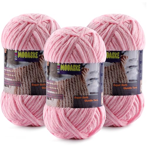 Baby Blanket Yarn for Crocheting - Soft Velvet Fluffy Chenille Yarn for Knitting Amigurumi Making Scarves Doll - 100g/3.5oz 131 Yards Thick Plush Yarns (3 Pink)