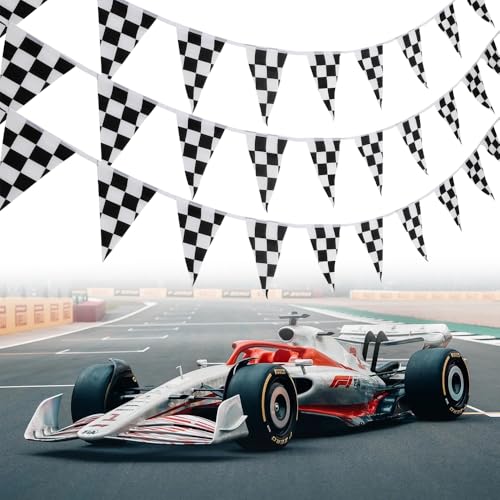 Rennflaggen, 10 Meter karierter Wimpel, 38 Stück wiederverwendbare schwarze Wimpel, Rennwagen-Party-Dreiecksflaggen für Rennthema Geburtstagsparty-Dekoration