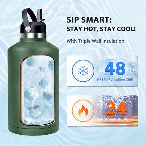 Image of Insulated Water Bottle 64 oz, Triple Wall Vacuum Stainless Steel Water Bottles (Cold for 48 Hrs), Leak Proof & Non-BPA, Half Gallon Water Flask Jug Wide Mouth Straw Lid & Spout Lid