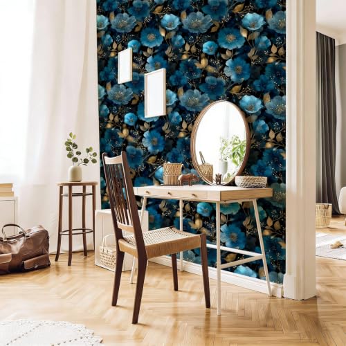 Stickorama Dark Watercolor Blue Floral Peel and Stick Wallpaper Self Adhesive 17.72" x 118.1'' Peony Gold Leaf Luxury Flower Wall Paper Renter Friendly Removable Waterproof for Bedroom Accent Wall by Stickorama - Used condition - Image 7