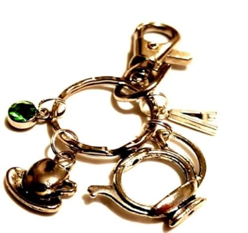 Personalised Teapot and Cup & Saucer Keychain with Initial and Birthstone, Tea/Coffee Lover Keyring, Barista Keychain, Caffeine Lover Gift