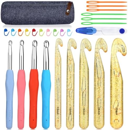 27 Pcs Crochet Hook Set Huge Crochet Hooks Huge Knitting Needles with Ergonomic Crochet Hooks Stitch Markers Sewing Needles Crochet Needle Case Yarn Scissors for Giant Chunky Yarn Carpet Scarf Bulky Wool Roving Weaving