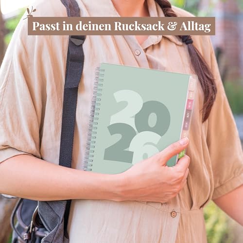 Rileys Terminplaner 2026, Studienplaner, Wochenplaner, eleganter Terminkalender 2026, Planer mit Registertabs, Notizseiten, Schulplaner, Buchkalender (Klobig, Grün, 20 x 15 cm, Deutsch)