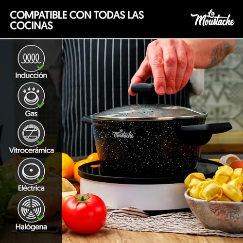 La Moustache - Juego de Ollas y Sartenes【8 Piezas】Aluminio con Antiadherente sin PFOA y PFOS | Batería Apta para Todas las Cocinas, Incluso Inducción, Mangos de Baquelita Termoprotectora (Onix) - imagen 5