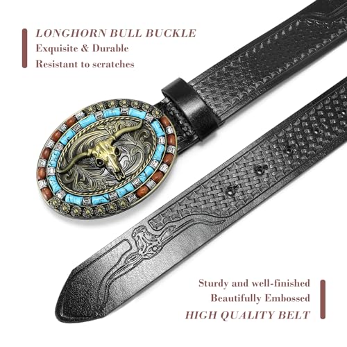 SENDEFN Western Cowboy Belt for Men Women Longhorn Bull Buckle Belt Floral Engraved Belts 1.5" Wide for Jeans2