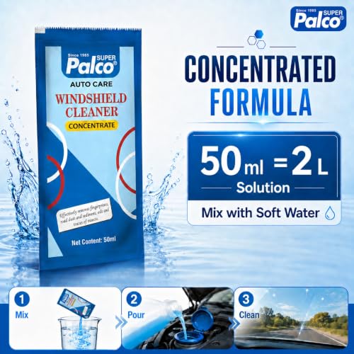 Image of PALCO Car Windshield Cleaner Liquid Concentrate 50ml (Pack of 10) Windshield Washer Fluid for Car for Streak Free Glass Finish with Car Wiper Liquid (Add 50ml in 2L Water in Windshield Tank)