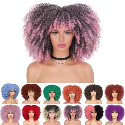 Gezolligheid Fashion Multi-Color 14.96 inch African Style Curly Wig with Bangs Soft and fluffy synthetic fiber lace-free wig for party, cosplay and daily use (Black Gradient Pink)