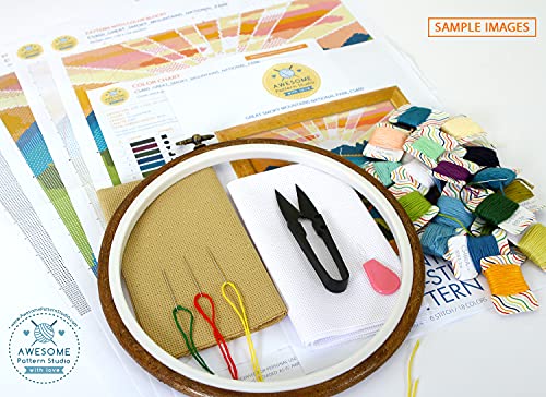 Image of Zion National Park K423 Counted Cross Stitch KIT#3. Threads, Needles, Fabric, Embroidery Hoop and Printed Color Pattern Inside. Embroidery Pattern