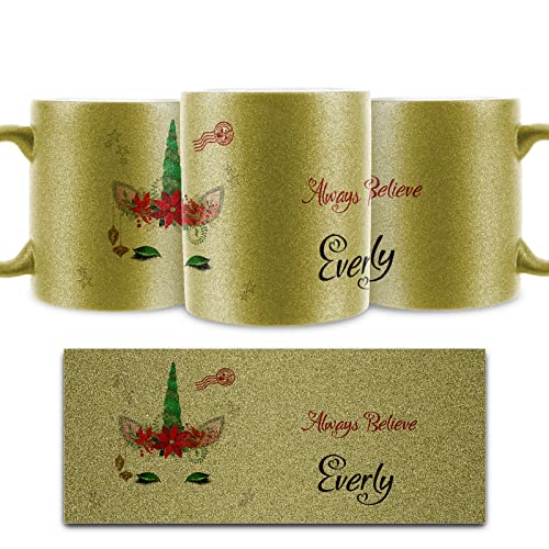 Image of Personalised Mug and Belgian Milk Chocolate/Hot Chocolate Stirrer Marshmallow Gift Set Customised with Ceramic 11oz Gold, Silver, Blue, Pink Glitter Cup with Green Unicorn Horn Design, Christmas Mug