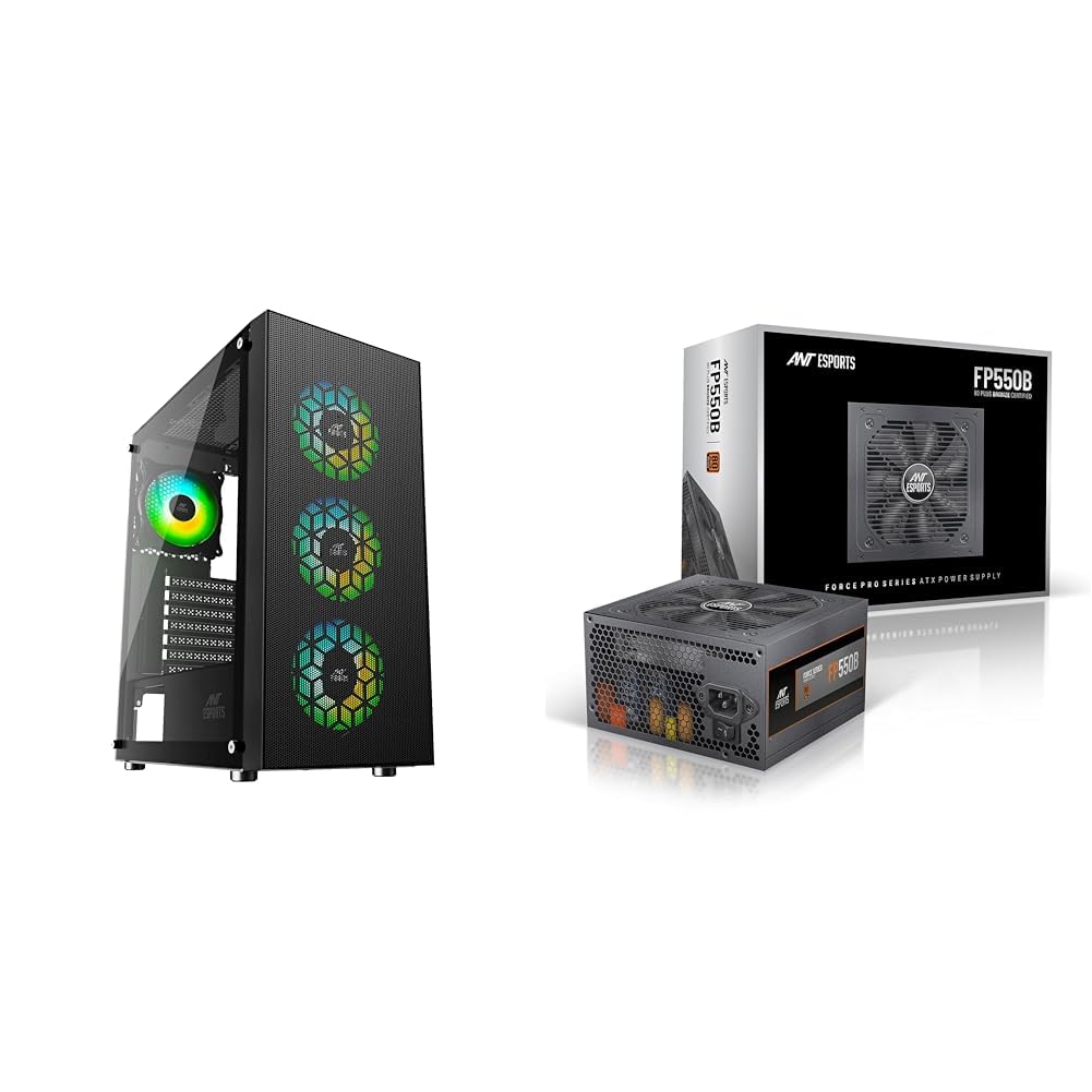 Ant Esports Tempered_Glass Ice-110 Mid-Tower Computer Case/Gaming Cabinet-Black&Fb550B 80 Plus Bronze Certified Non Modular Gaming Power Supply/PSU for Pc with Flat Black Cables and Silent Fan