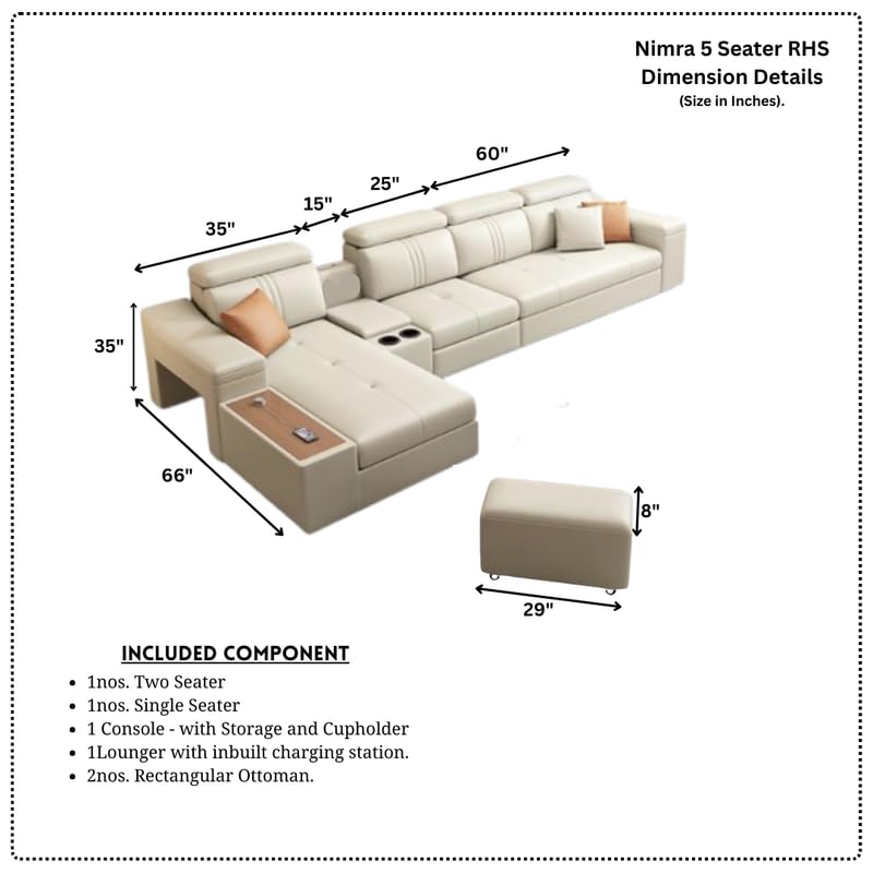 Image of Homax. Nimra Smart L-Shape 7-Seater Sectional Sofa Set with Console, Cup Holders, Charging Station & 2 Ottomans - Premium Leatherette Finish - Black Color Orientation RHS