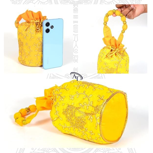Image of Women Potli Bags | Zari Embroidered Silk With Drawstring | Traditional Return Gifts for Mehandi, Haldi, Baby Shower, Wedding, Sangeet, Seemantham