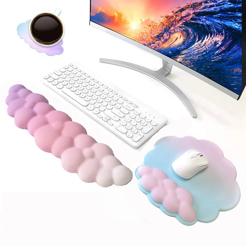 Cloud Keyboard Wrist Rest, Mouse Pad Wrist Support Keyboard Set with Ergonomic Memory Foam, Cloud Coaster Anti-Slip Base, Computer Palm for Home Office Laptop, Easy Typing Pain Relief (Gradient Pink) - Gradient Pink