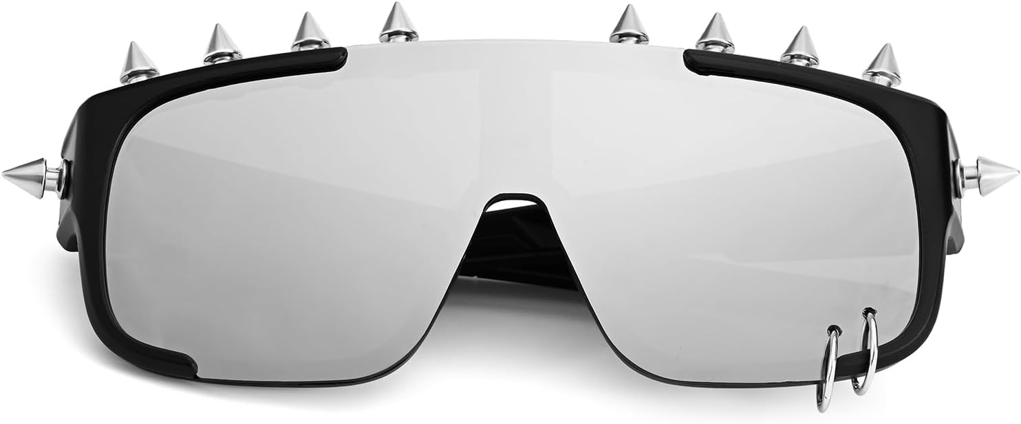 Junsika Oversized Shield Spike Glasses Goth Punk Style Metal Studded Sunglasses - Image 2