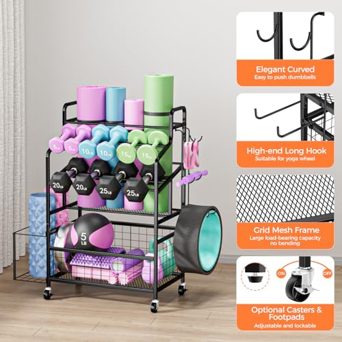 HavenlyYouth Dumbbell Rack Holds Yoga mat, Weight Rack Storage for Home Gym, Workout Equipment Organizer for Kettlebells and Foam Roller With Hooks and Wheels