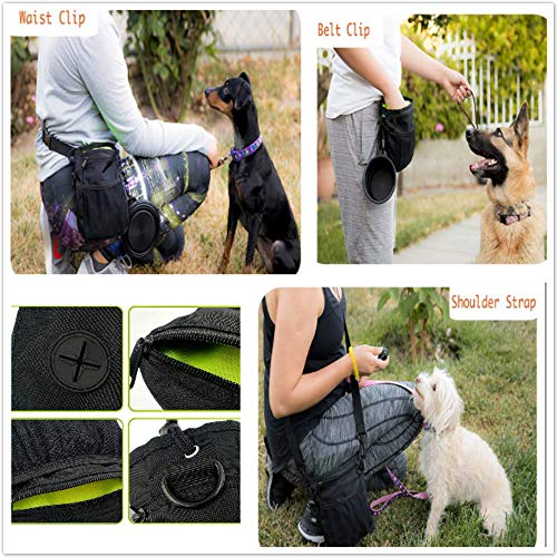 HANWELL Futterbeutel für Hunde Leckerlies, Hundeleckerlitasche mit Poop Spender-Verstellbarer Taillen/Schulterriemen, Mehrfachtaschen für Tragende Hunde Kibble und Spielzeug - Wasserdichtes, Schwarz