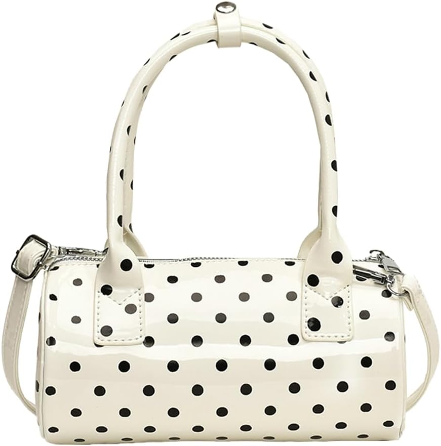 Halemet Polka Dot Crossbody Bags for Women Round Boston Bag Glossy Purses Women Satchel Handbag Cute Mini Bucket Bag Trendy