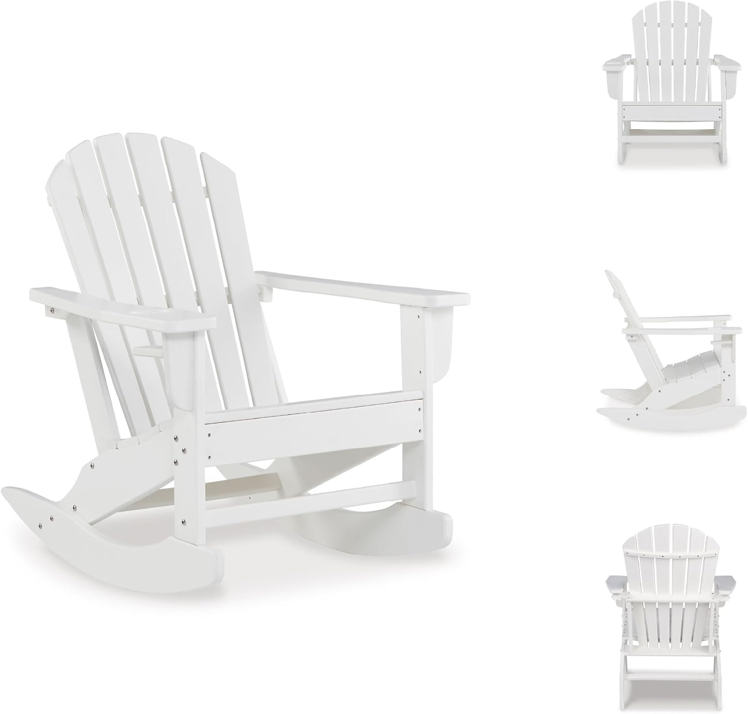 Signature Design by Ashley Sundown Treasure HDPE Patio Rocking Chair, White | Durable weather resistant HDPE with built-in cup holder, Adirondack style for backyard or porch layouts