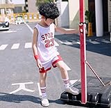RL Sommer- Kind Basketball äRmelloses Sport-T-Shirt Kurze Hose Sportbekleidung 2-Teiliges Set, Junge Basketballkleidung, MäDchen Weiß Kurzarm Trikots,Weiß,140cm