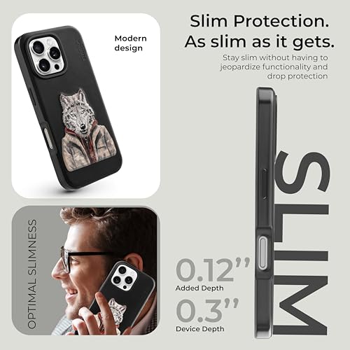 Image of PULOKA - Mobile Cover Compatible for iPhone 16 Pro Max - Wolf Embroidery - Sleek & Stylish - Protective & Anti Scratch Phone Cover Vegan Leather Back Case - Men & Women - Black