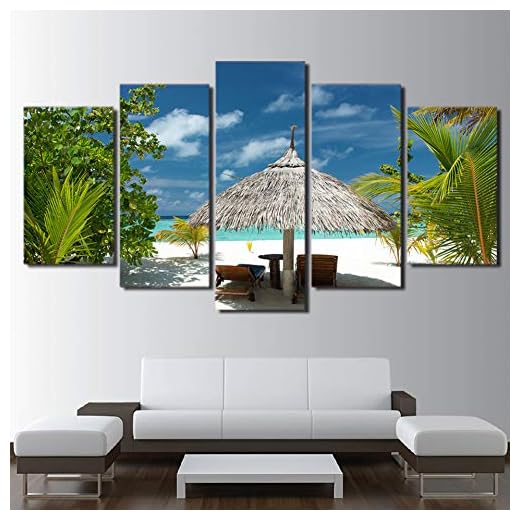 GIAOGE Målningar modern heminredning bilder HD-tryck 5 delar tropisk ö målning väggkonst kanvas palmträd strand sjölandskap poster ramarbete, 40 x 60 40 x 80 40 x 100 cm, ingen ram