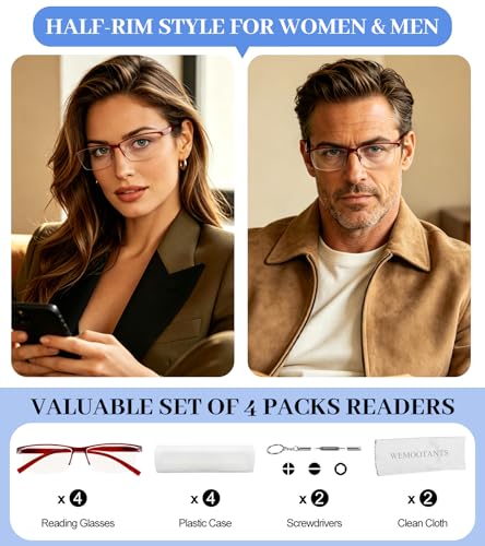Image of 4 Packs Red Reading Glasses 1.0 for Women Multipack Blue Light Blocking Semi-rim Readers 1.00 1.50 2.00 2.50 3.00 3.50 4.00